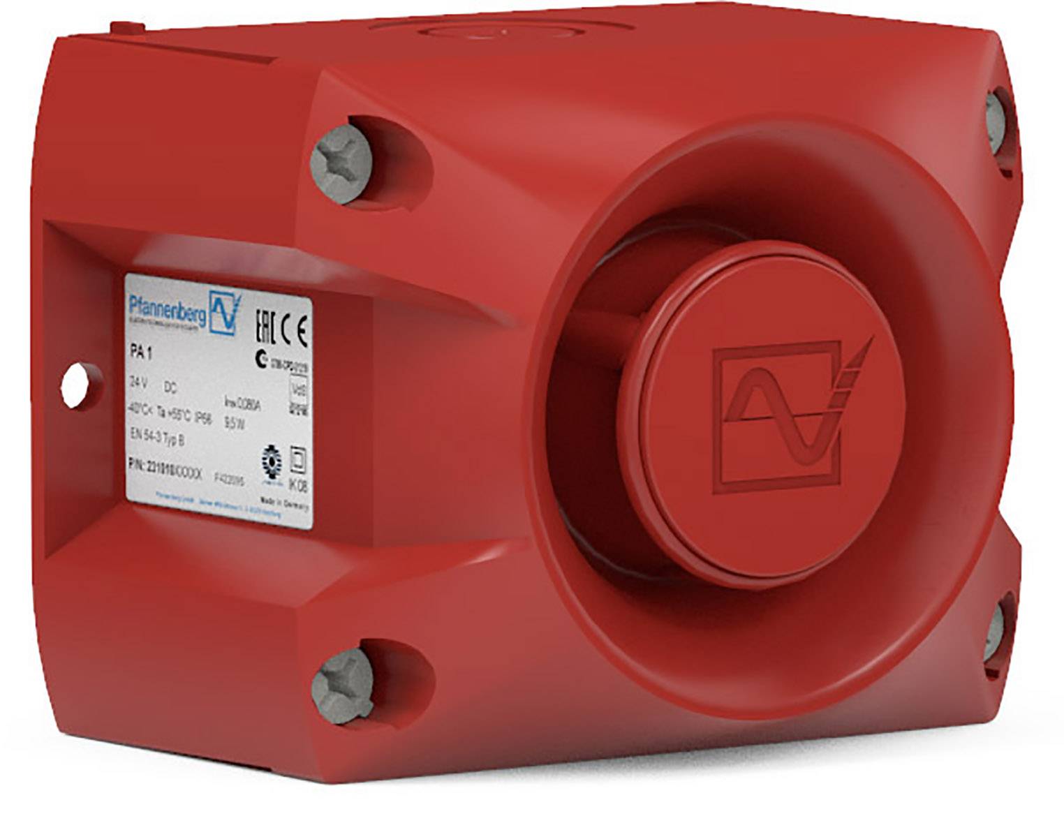 Avertisseur sonore rouge avec boîtier rectangulaire et ouverture centrale sur laquelle est visible un symbole ondulé. Une étiquette avec des détails techniques est apposée sur le côté.