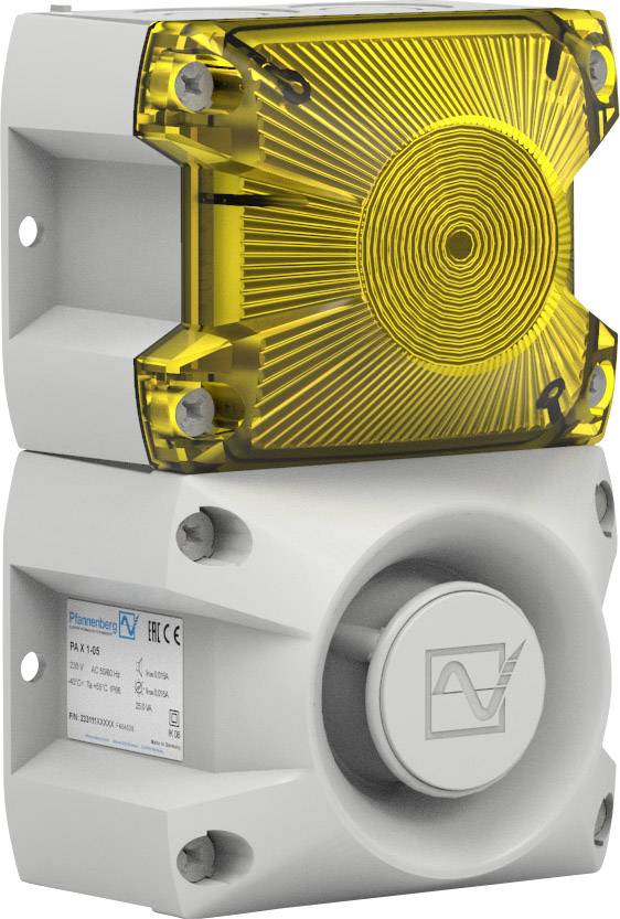 Indicateur d'alarme bicolore, avec un voyant clignotant jaune en haut et un boîtier gris avec haut-parleur en bas, certifications et logo visibles.