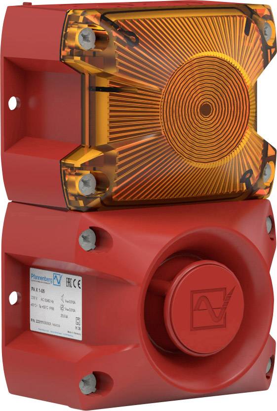 Dispositif d'alarme rouge avec lumière orange et haut-parleur, souvent utilisé pour l'évacuation en situation d'urgence.