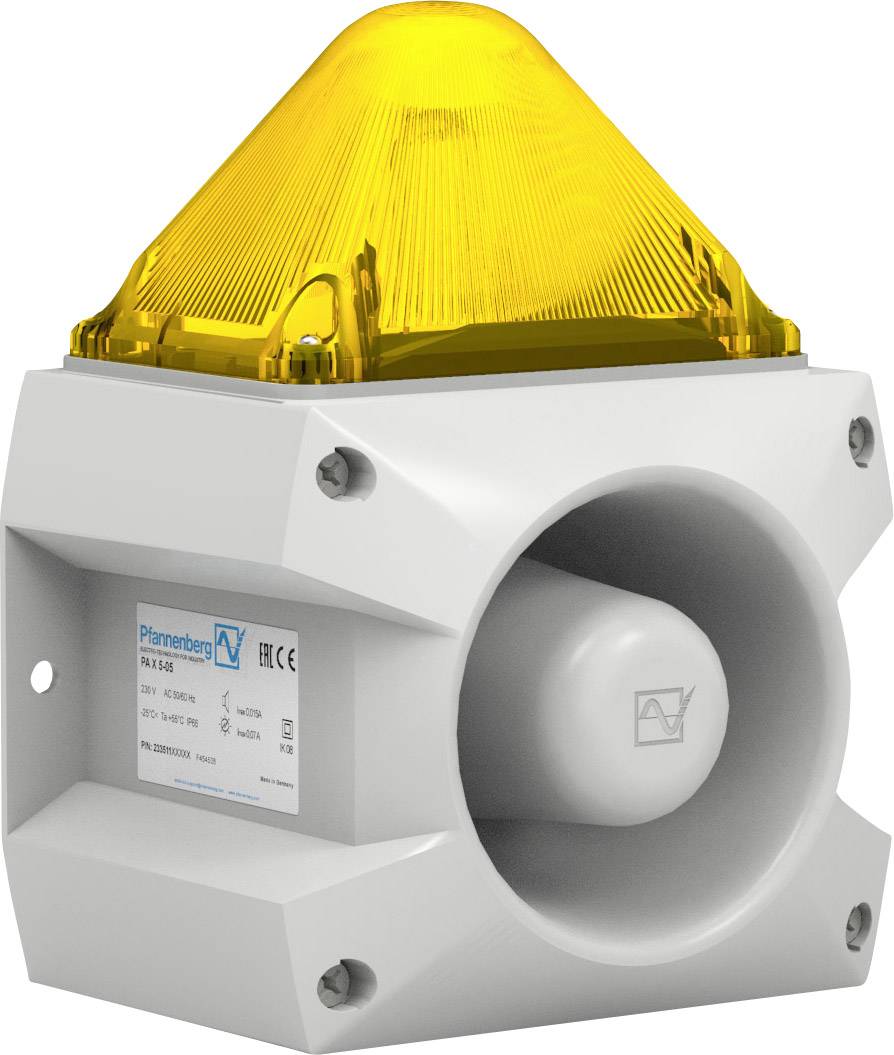 Gyrophare jaune avec klaxon de signalisation intégré, monté dans un boîtier gris. Adapté pour les avertissements dans les environnements industriels.