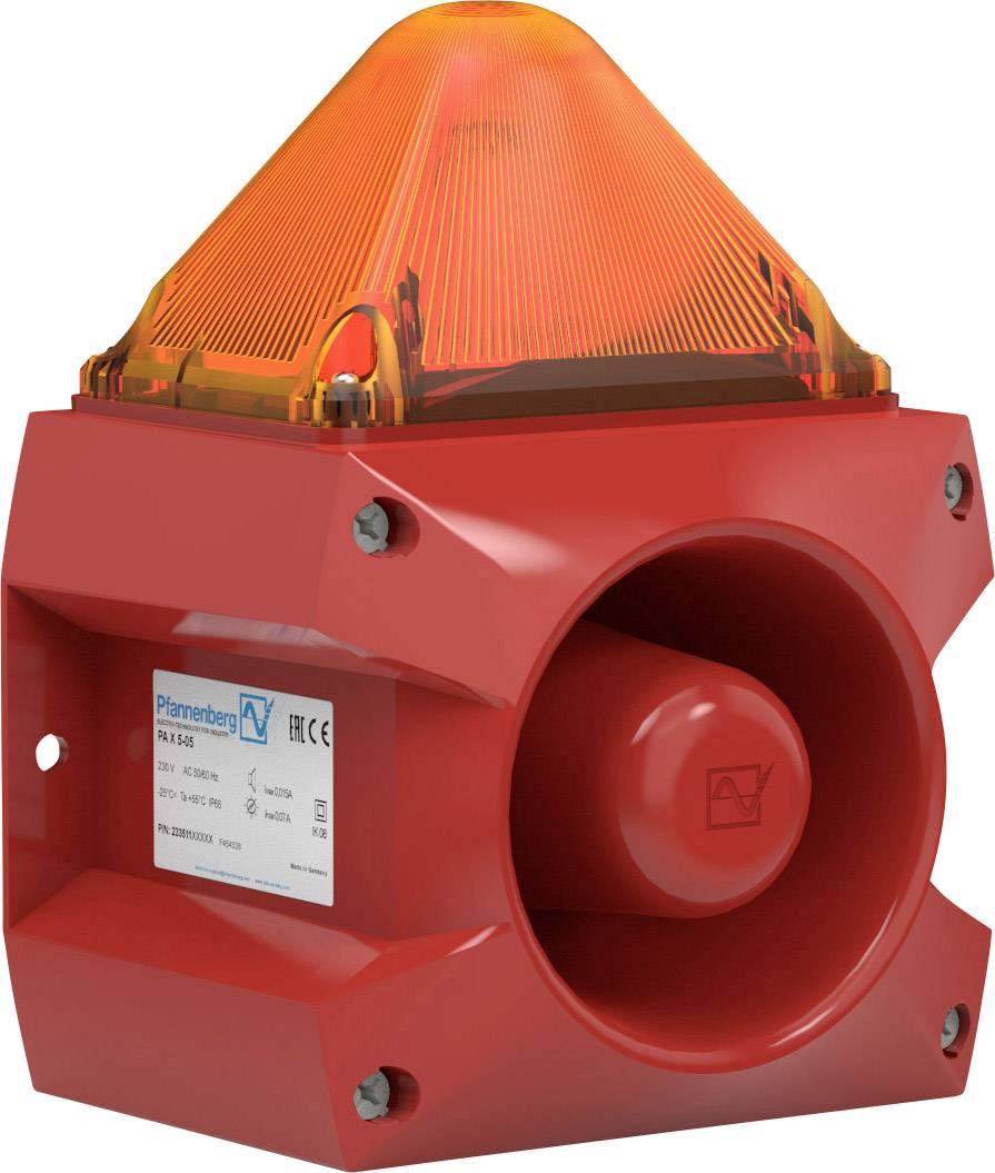Dispositif d'alarme rouge avec lumière stroboscopique orange et sirène, montable. Des étiquettes techniques sont présentes sur la face avant.