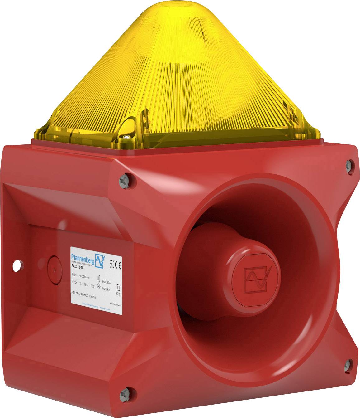 Appareil de signalisation rouge avec un feu flash jaune sur un cône. Fabriqué par Pfannenberg, adapté aux applications industrielles.