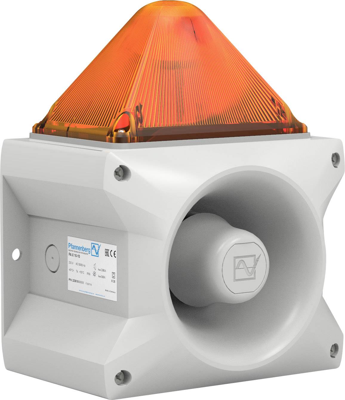 Un indicateur industriel gris avec un voyant d'avertissement orange et un haut-parleur. La plaque signalétique affiche les informations du modèle et du fabricant.