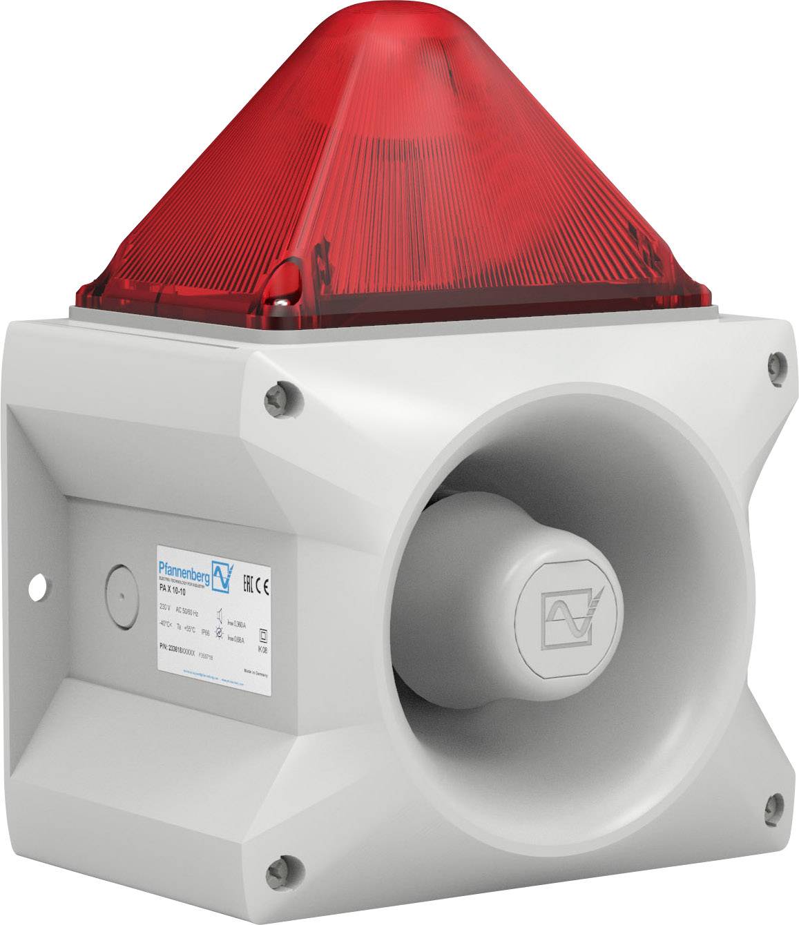 Un voyant d'alarme rouge en forme de pyramide sur un boîtier de haut-parleur gris, monté sur un mur. Il signale une alarme ou un avertissement.