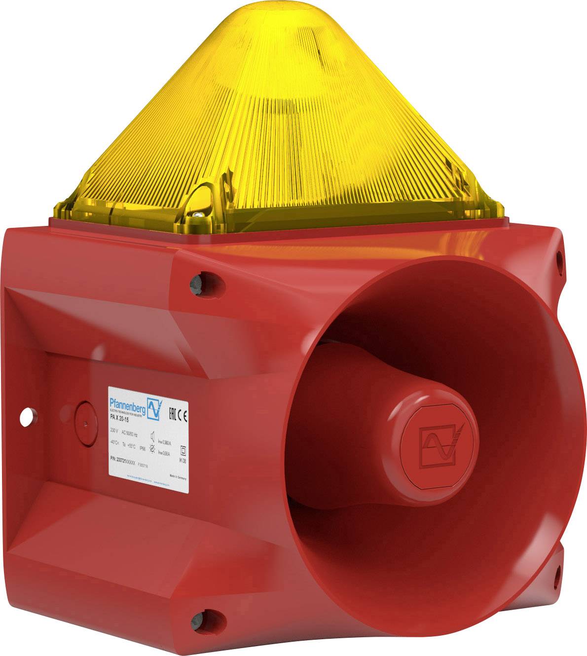 Dispositif d'alarme rouge avec un embout lumineux jaune et un haut-parleur. Utilisé pour les avertissements acoustiques et visuels en situations d'urgence.