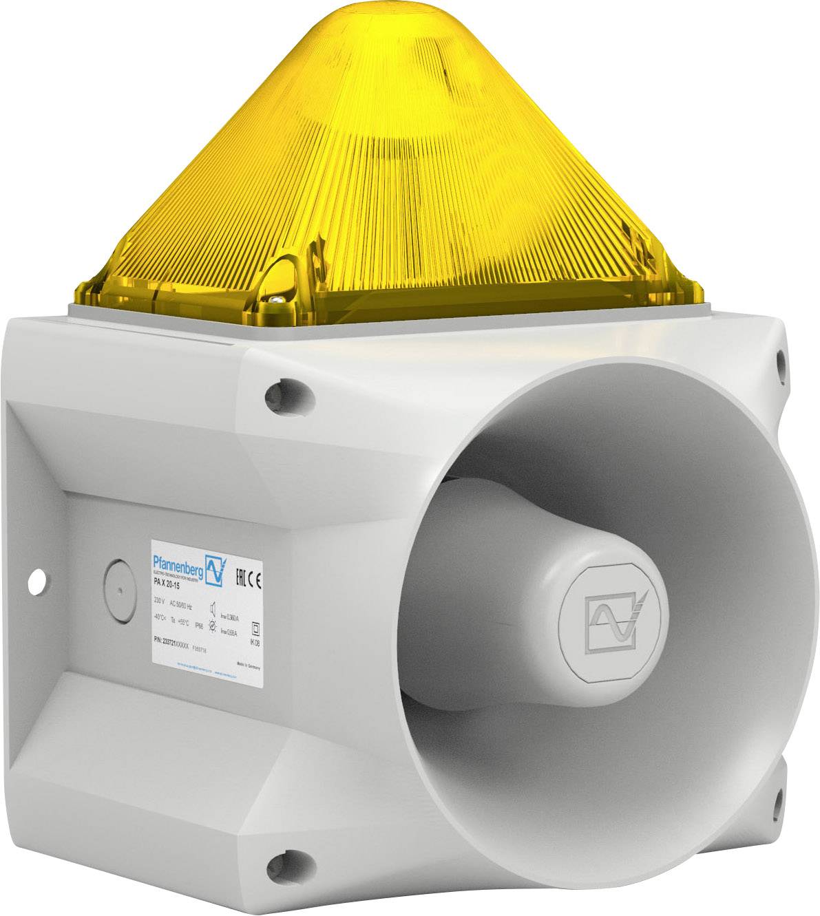 Haut-parleur gris avec lampe jaune sur un boîtier blanc, servant à la signalisation visuelle et acoustique.