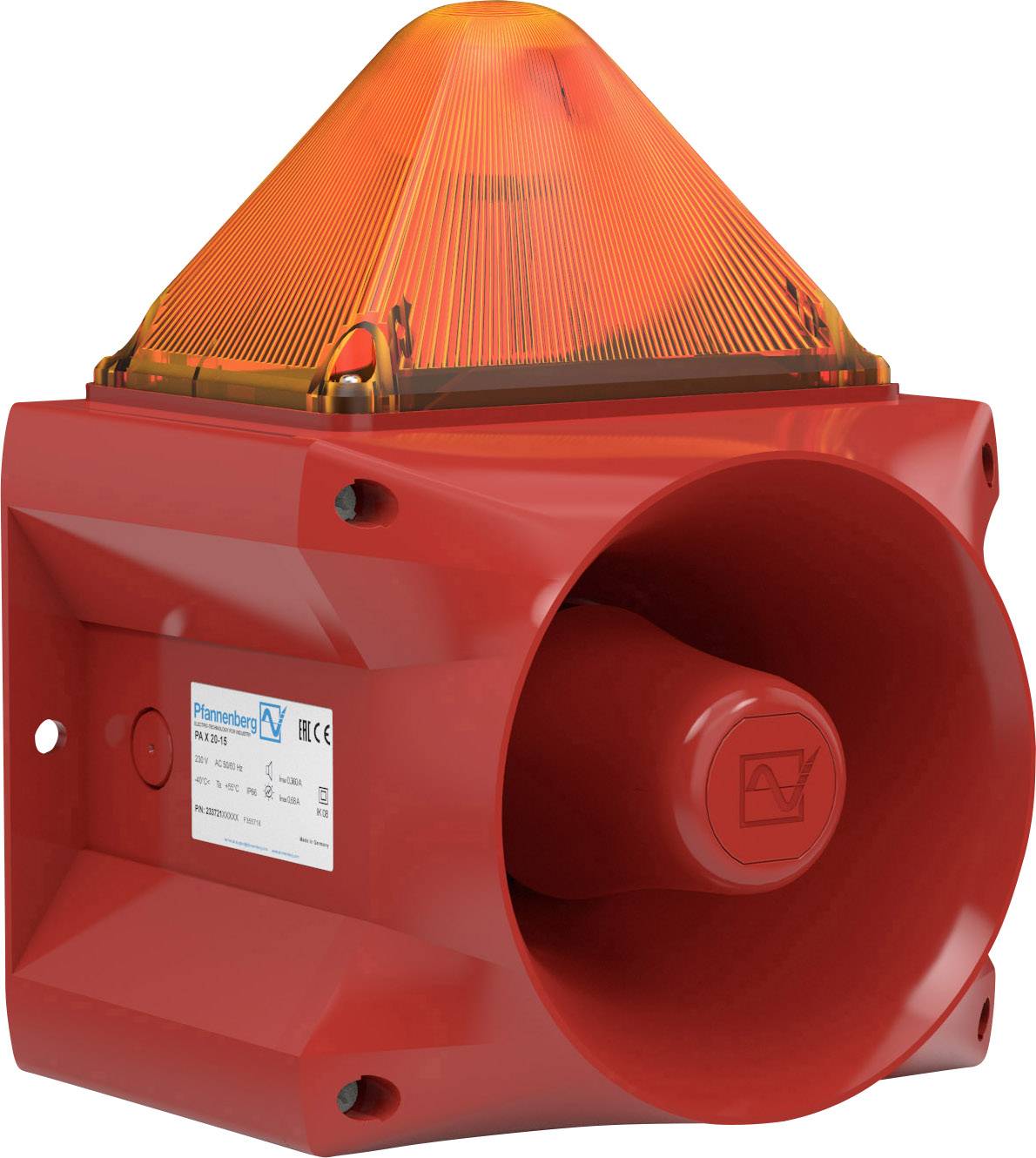 Un dispositif de signalisation d'avertissement rouge avec un voyant clignotant orange et un haut-parleur, adapté aux situations d'urgence.