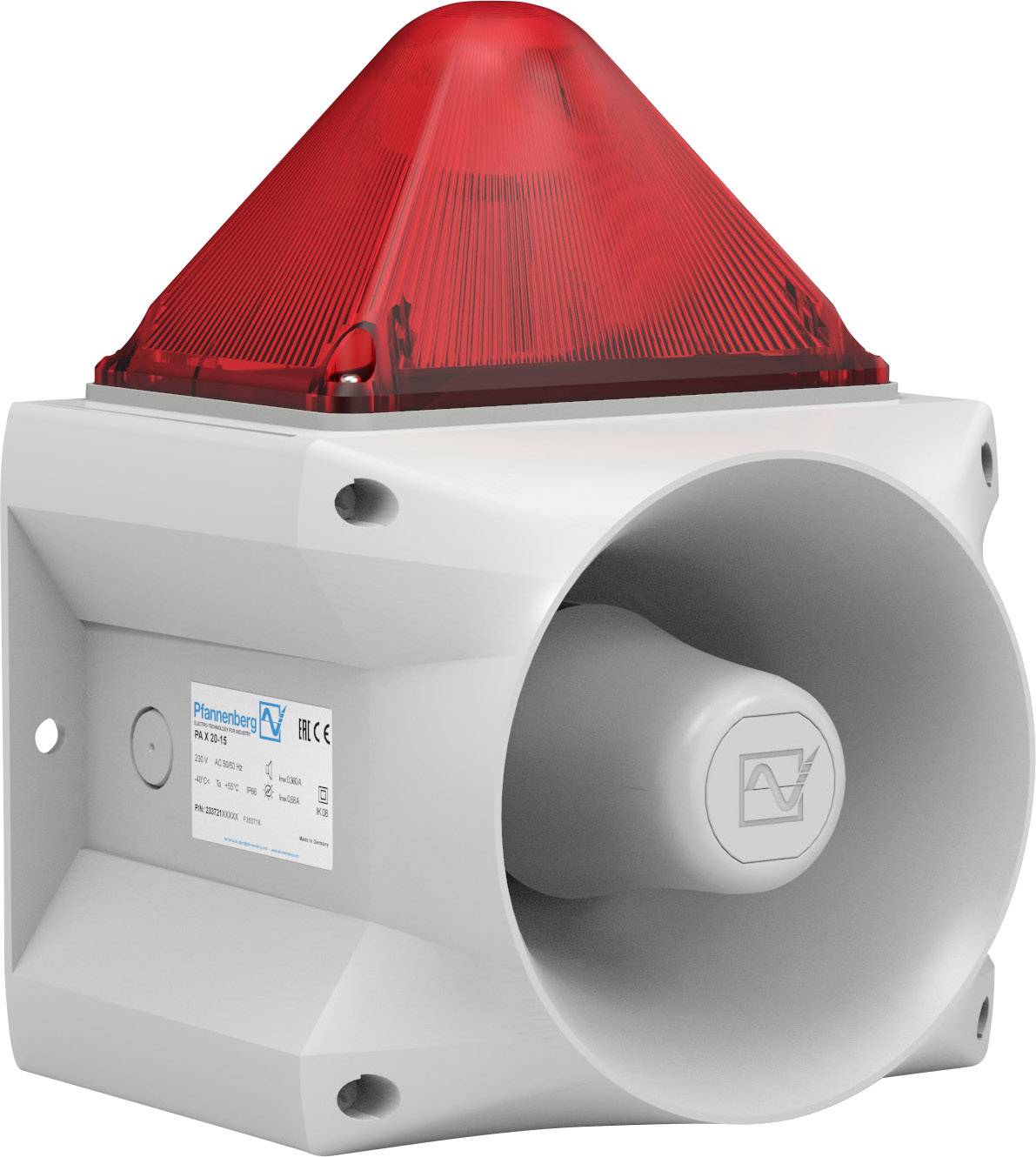 Sirène avec feu d'alarme rouge, souvent utilisée dans les systèmes d'urgence pour les signaux d'alerte. Elle indique un état de danger potentiel.