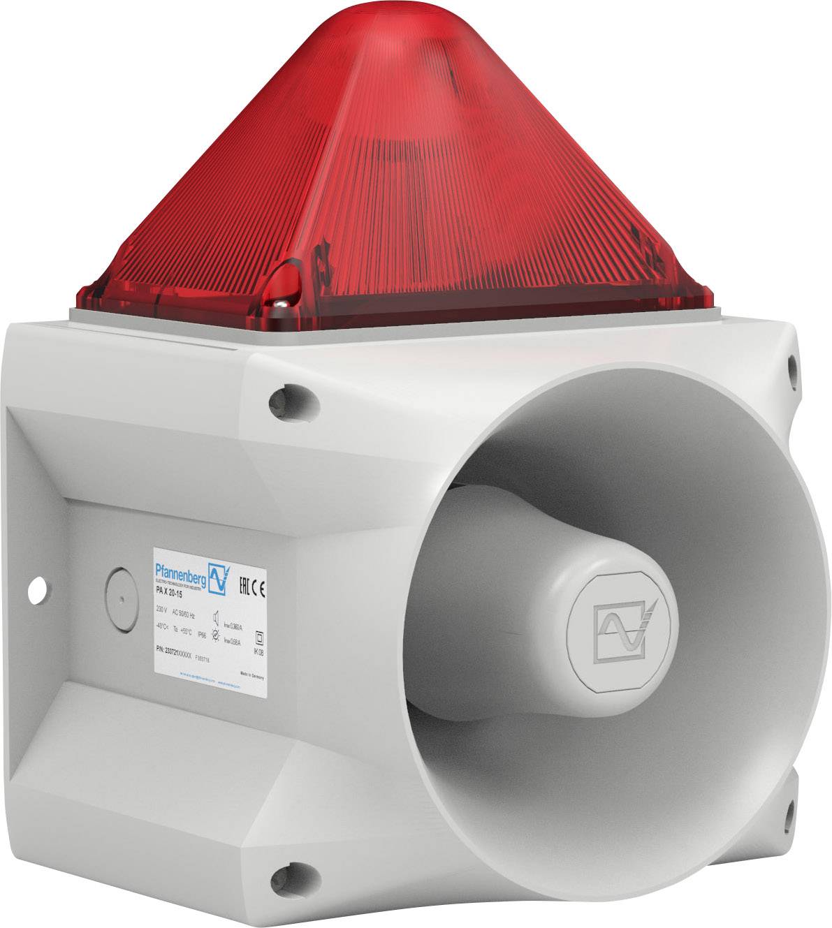 Un voyant d'alarme rouge avec un haut-parleur blanc intégré, monté sur un support mural, pour un avertissement acoustique et visuel.