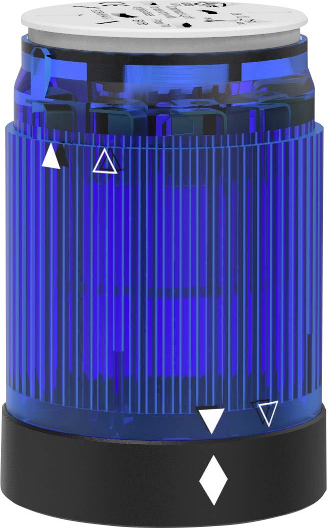 Un émetteur de signaux bleu, cylindrique, avec un socle noir et plusieurs symboles de flèches blanches dessus.