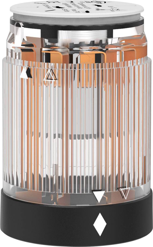 Une lampe cylindrique, transparente, avec des nervures verticales et un socle noir. Des symboles sont présents en haut de la lampe.