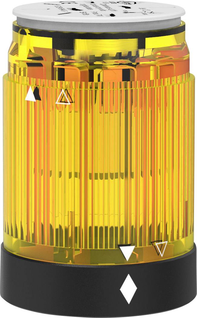 'Feu d'avertissement LED jaune, cylindrique, à surface striée et détails noirs, adapté à la signalisation de sécurité ou d'avertissement.'