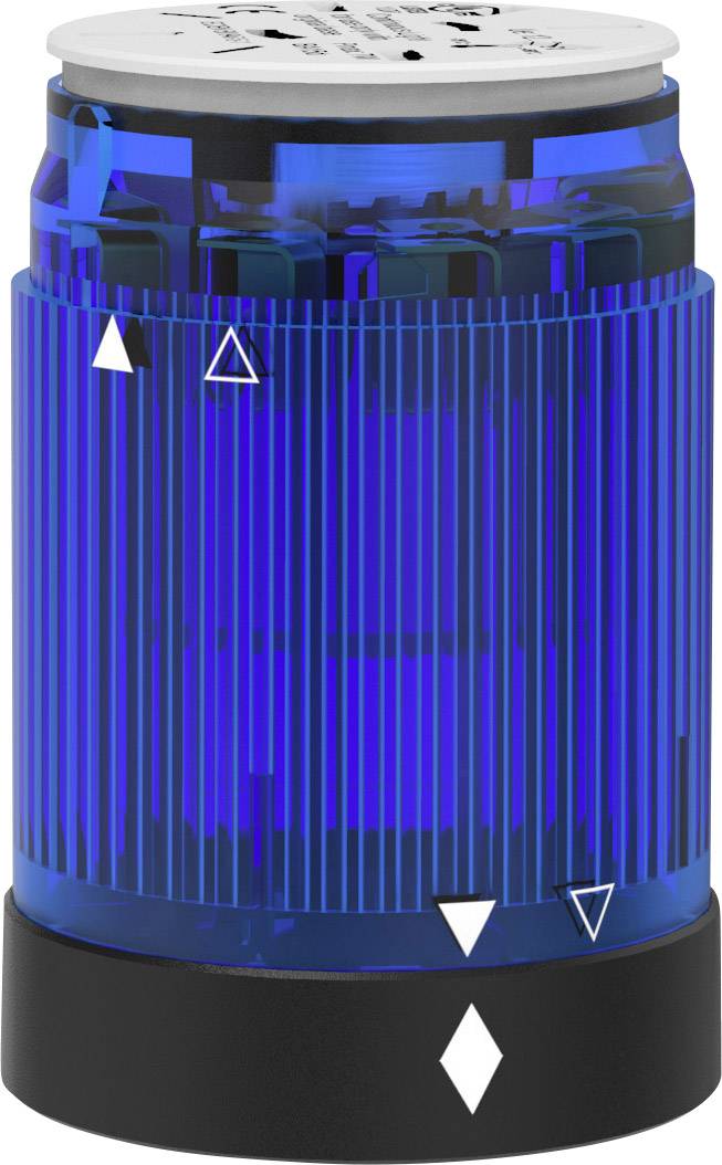 Barre lumineuse cylindrique bleue avec un couvercle argenté, flanquée de flèches blanches et bleues, reposant sur un socle noir.
