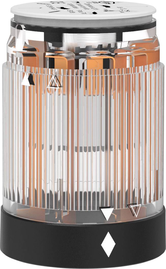 Un élément cylindrique transparent avec des éléments oranges et des accents noirs, probablement un dispositif technique.
