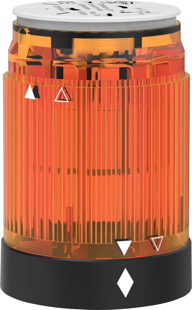 Un dispositif lumineux cylindrique orange avec des symboles triangulaires noirs et blancs dessus.