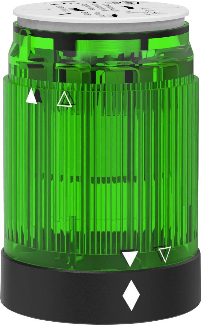 Appareil vert et strié avec des symboles triangulaires blancs symétriques et une base noire, probablement un élément de signalisation d'avertissement.