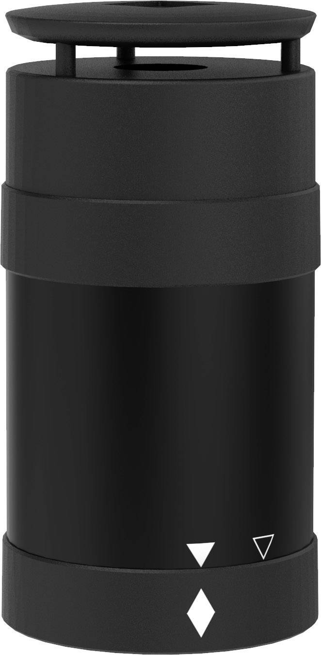 Un couvercle de moulin à épices noir avec des symboles de flèches pour le réglage. Idéal pour moudre du poivre ou du sel avec un dosage précis.