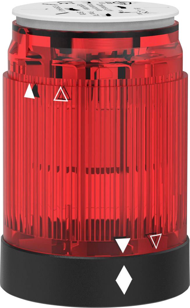 Tour de signalisation rouge avec socle noir et symboles triangulaires blancs. Utilisée pour des indicateurs visuels d'alarme dans des environnements industriels.