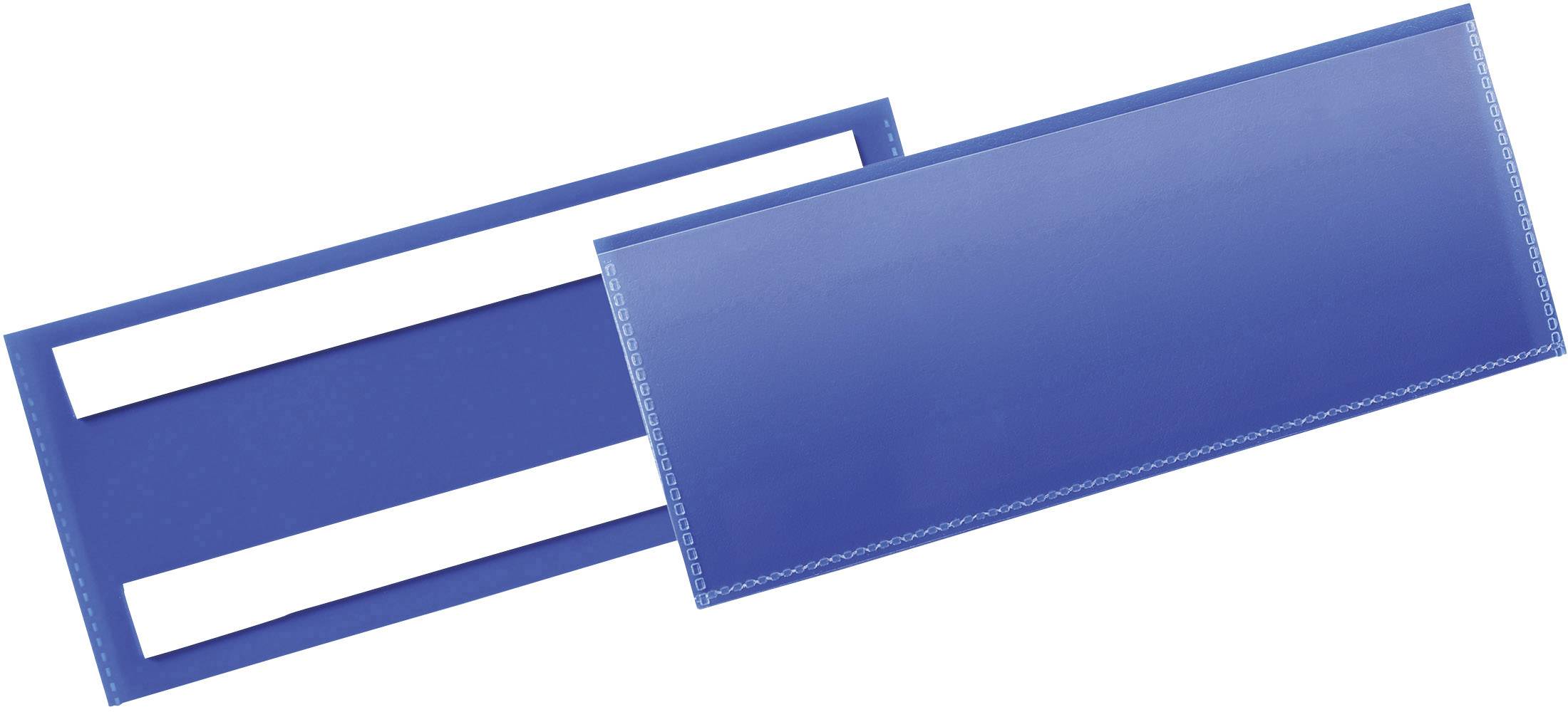 Deux supports d'étiquettes en plastique bleu ; l'un montrant le recto, l'autre le verso avec l'ouverture pour les étiquettes.