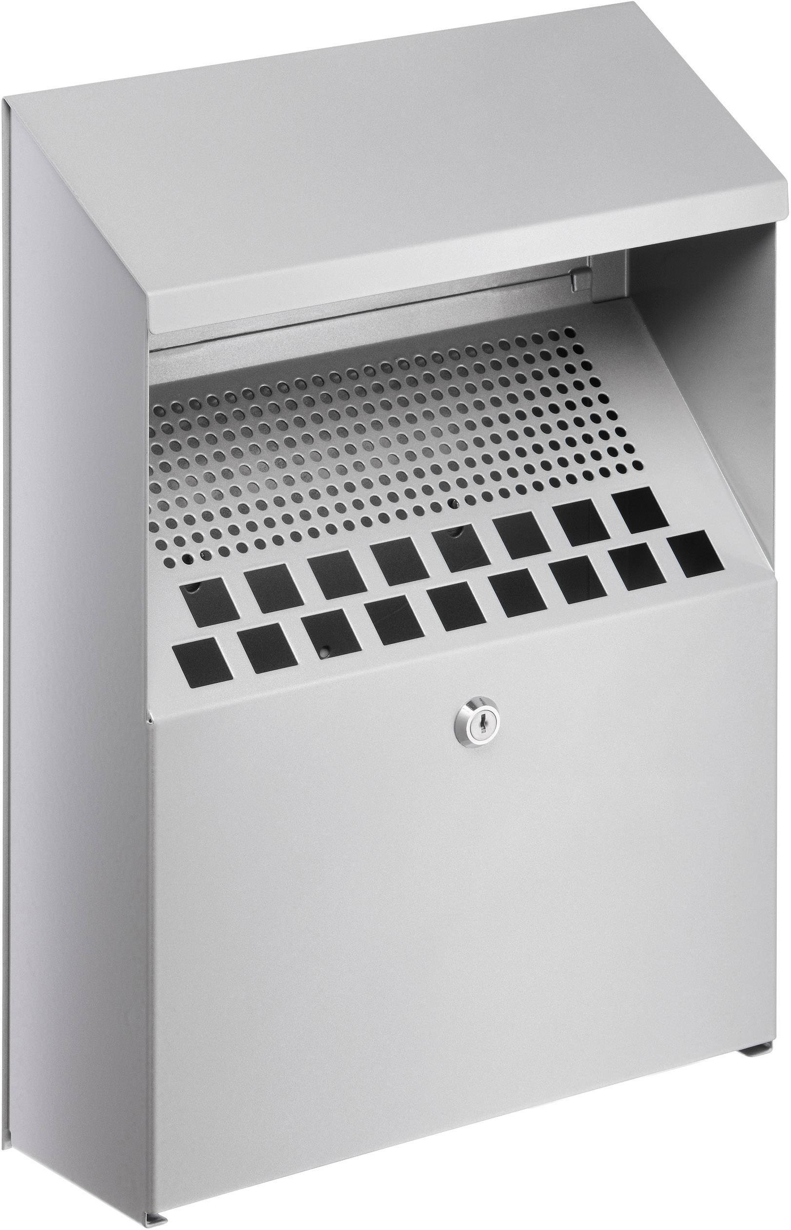 Cendrier mural métallique avec grille de ventilation et dispositif de fermeture, adapté pour une utilisation en extérieur.