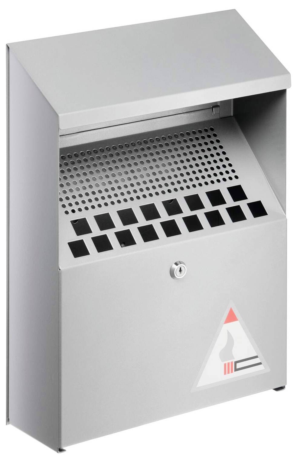 Un cendrier extérieur mural en argent avec un couvercle perforé pour éteindre les cigarettes et un compartiment verrouillable pour la collecte des déchets.