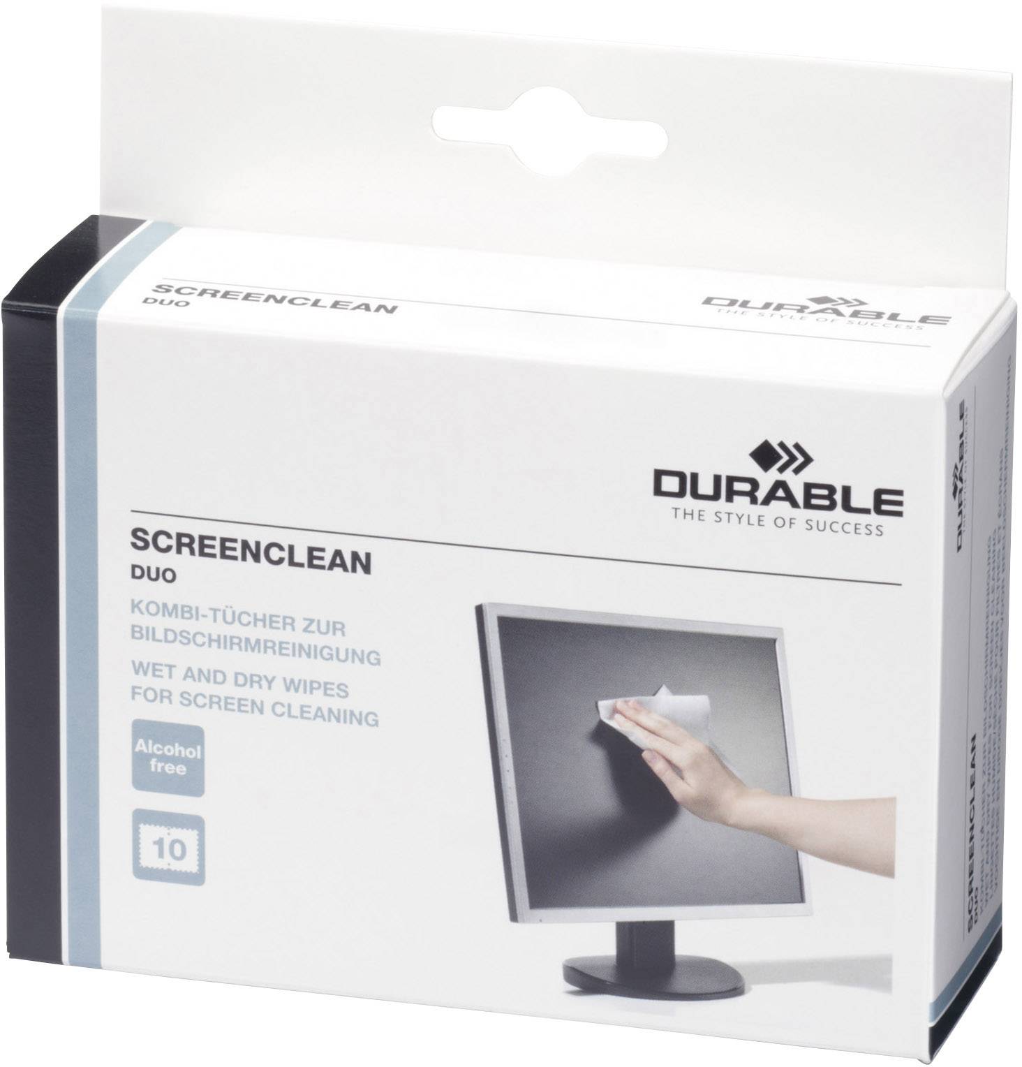 Emballage de Durable Screenclean Duo, contient 10 lingettes combinées sans alcool pour le nettoyage des écrans. L'illustration montre l'utilisation de la lingette.