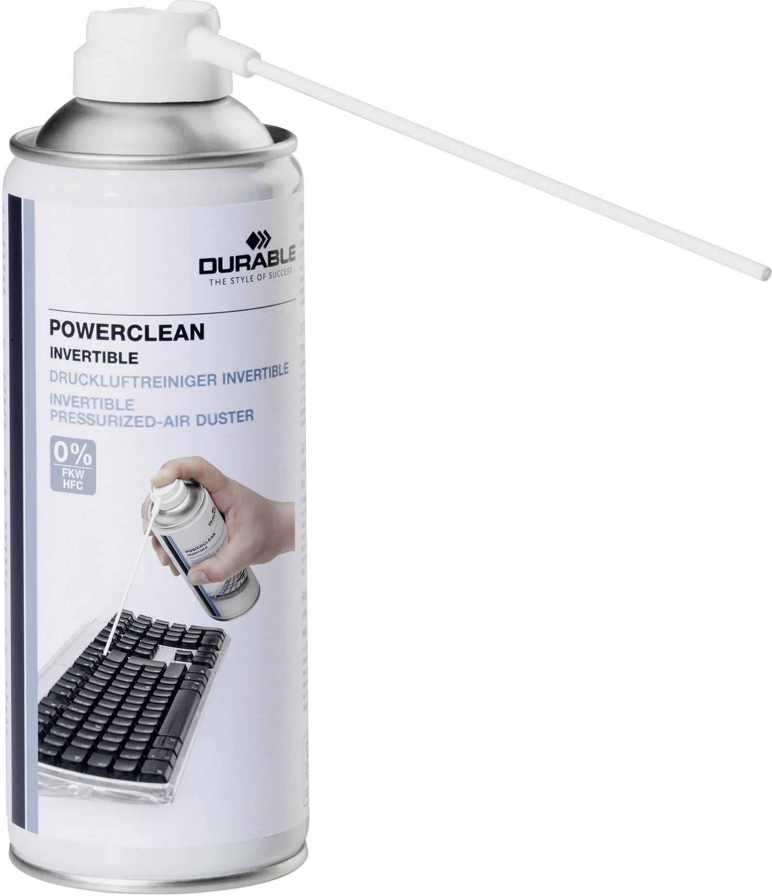 Nettoyant à air comprimé Powerclean : Bombe aérosol avec longue tige de pulvérisation blanche, adapté au nettoyage des claviers et des appareils électroniques.