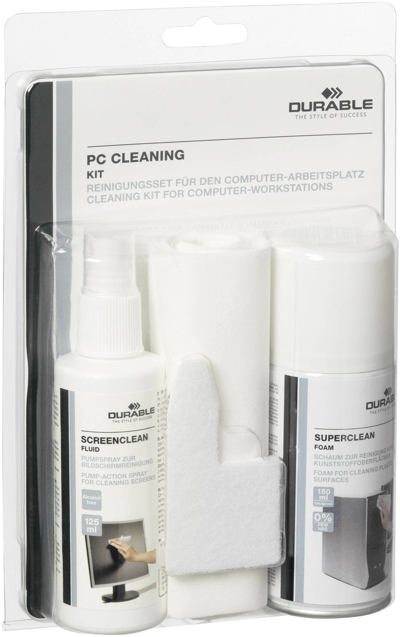 Kit de nettoyage pour poste de travail informatique de Durable, comprenant un nettoyant écran, une mousse de nettoyage et un chiffon, idéal pour le nettoyage de bureau.