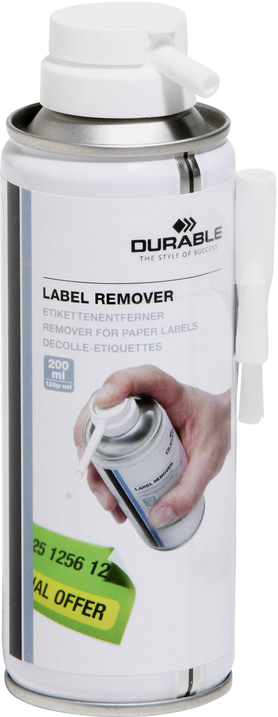 Boîte de dissolvant d'étiquettes de 'Durable', illustrée avec un pulvérisateur et une spatule en plastique fournie, adaptée aux étiquettes en papier.