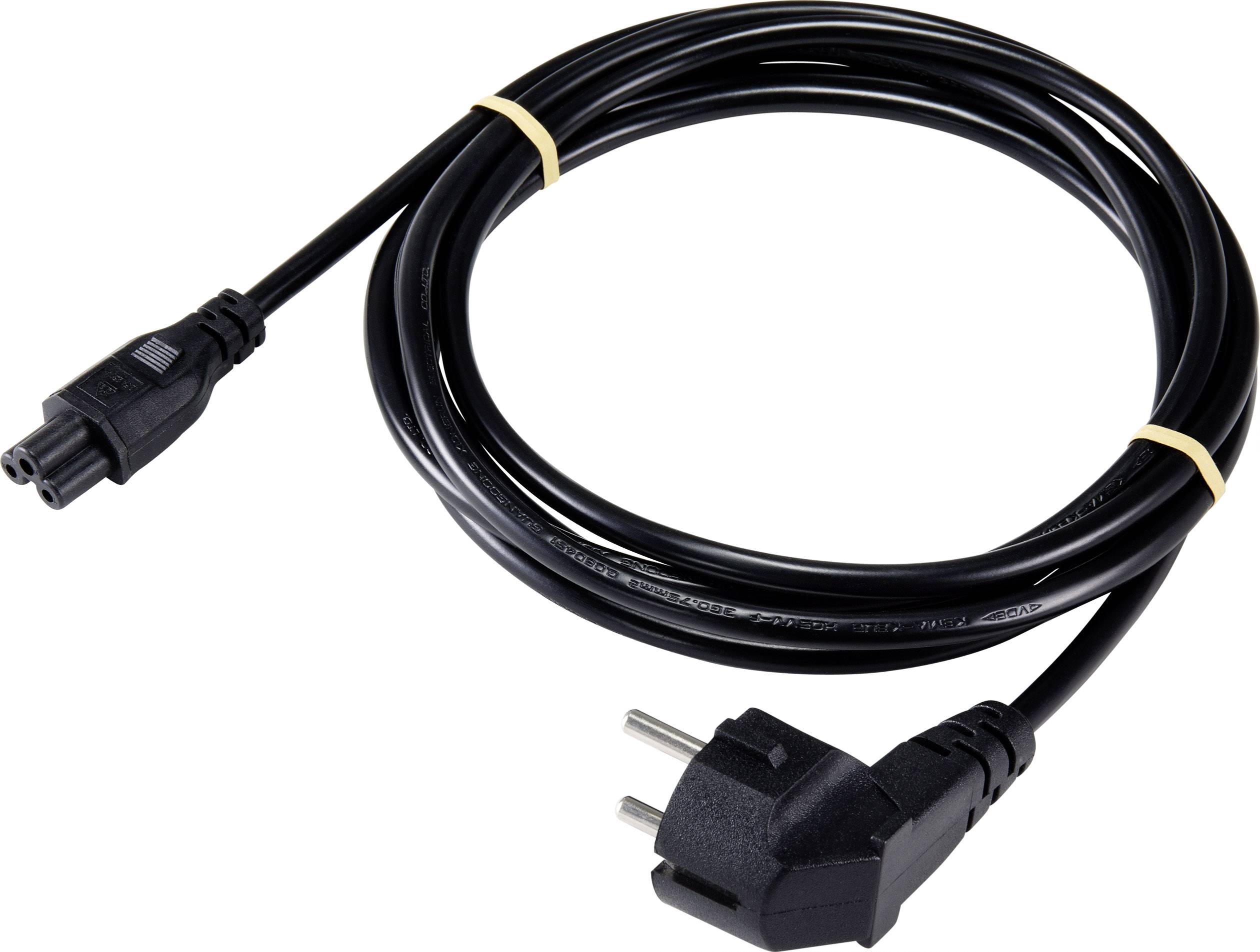 Câble réseau noir avec fiche Schuko d'un côté et connexion tripolaire de l'autre, enroulé et maintenu par des attaches.