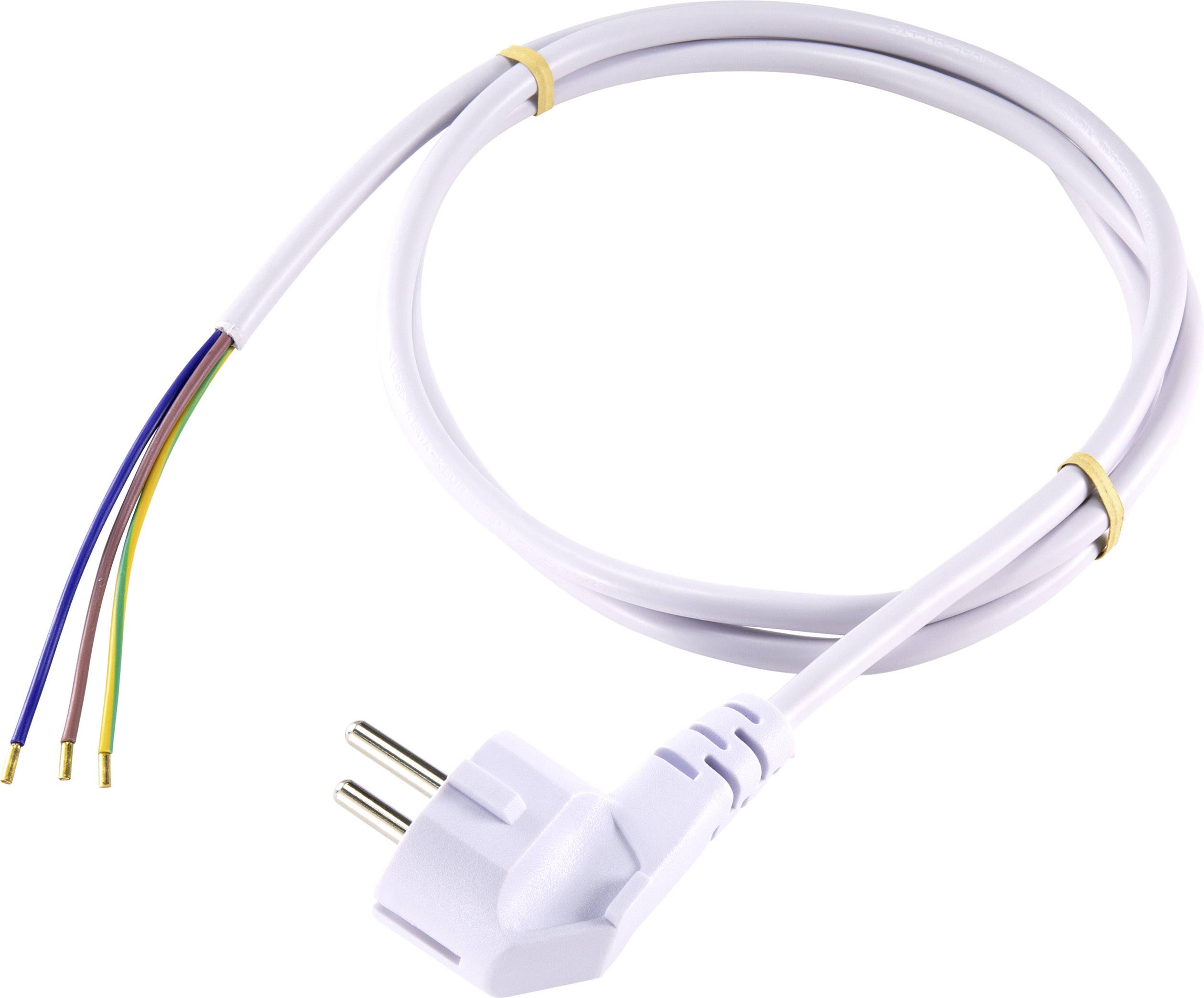 Un câble électrique blanc avec une fiche et des extrémités de fil dénudées. Utilisé pour connecter des appareils électroniques.