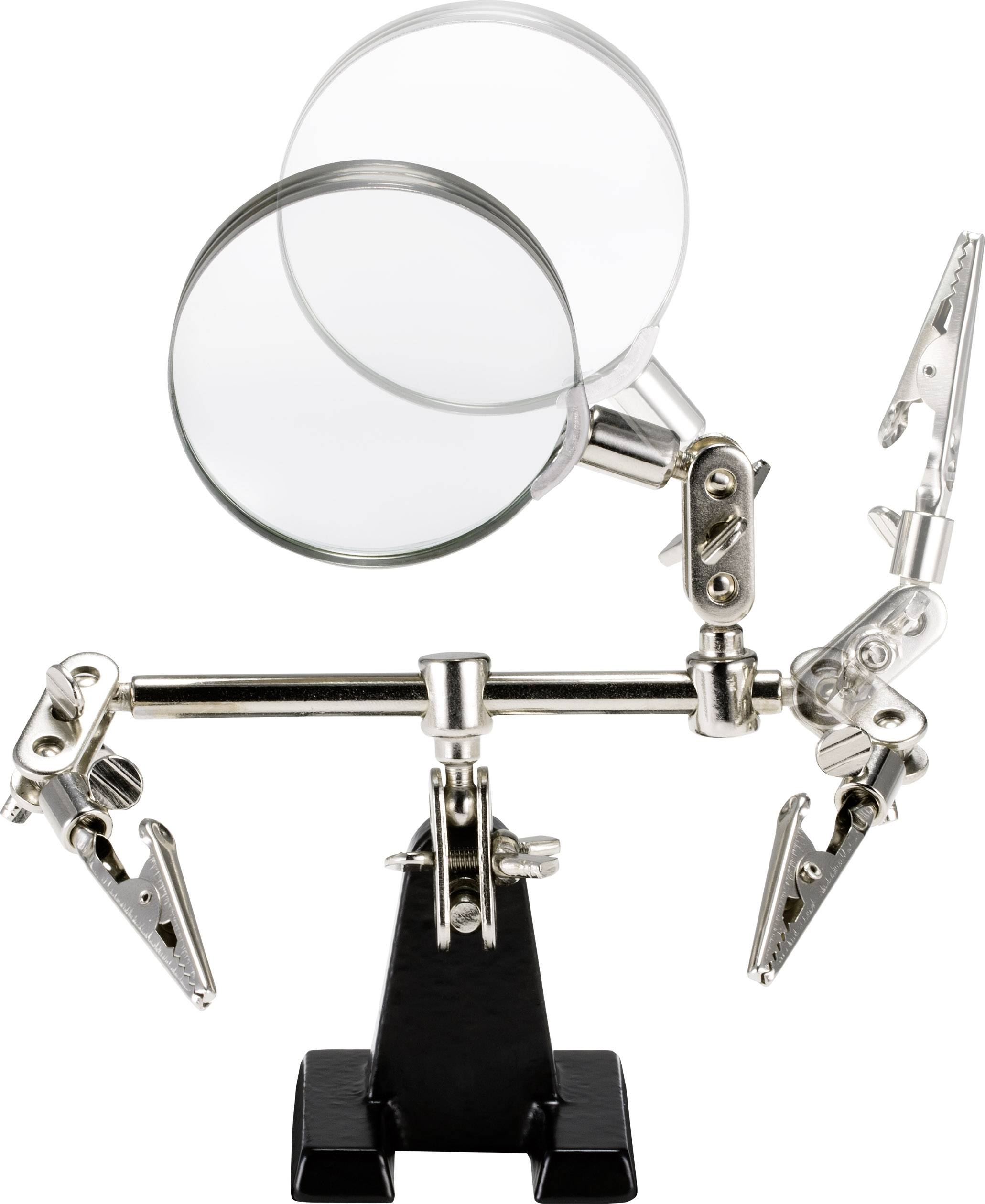 Main tierce réglable avec deux loupes et pinces, conçue pour soutenir et maintenir des objets de manière stable lors de travaux de précision.