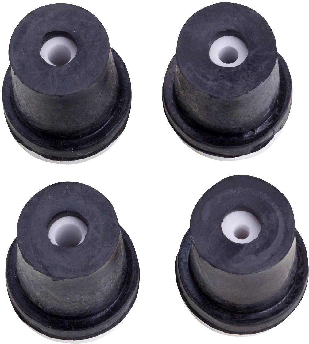 Quatre amortisseurs en caoutchouc noir, disposés chacun dans une grille carrée et vus de dessus.