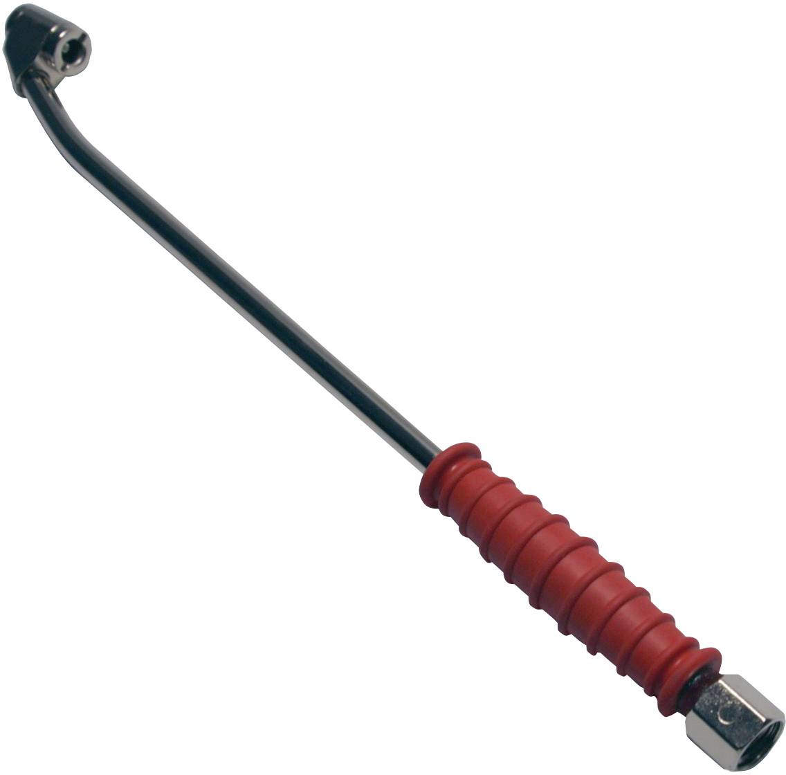 Tuyau de gonflage de pneu coudé avec une poignée rouge, utilisé pour gonfler les pneus à air.