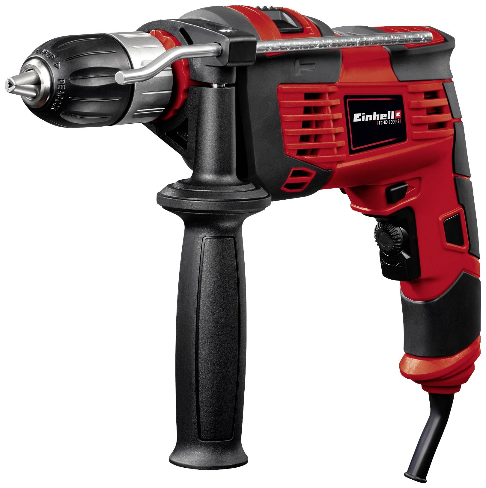 Un perforateur à percussion rouge et noir de la marque Einhell avec poignée latérale, adapté aux travaux de bricolage.
