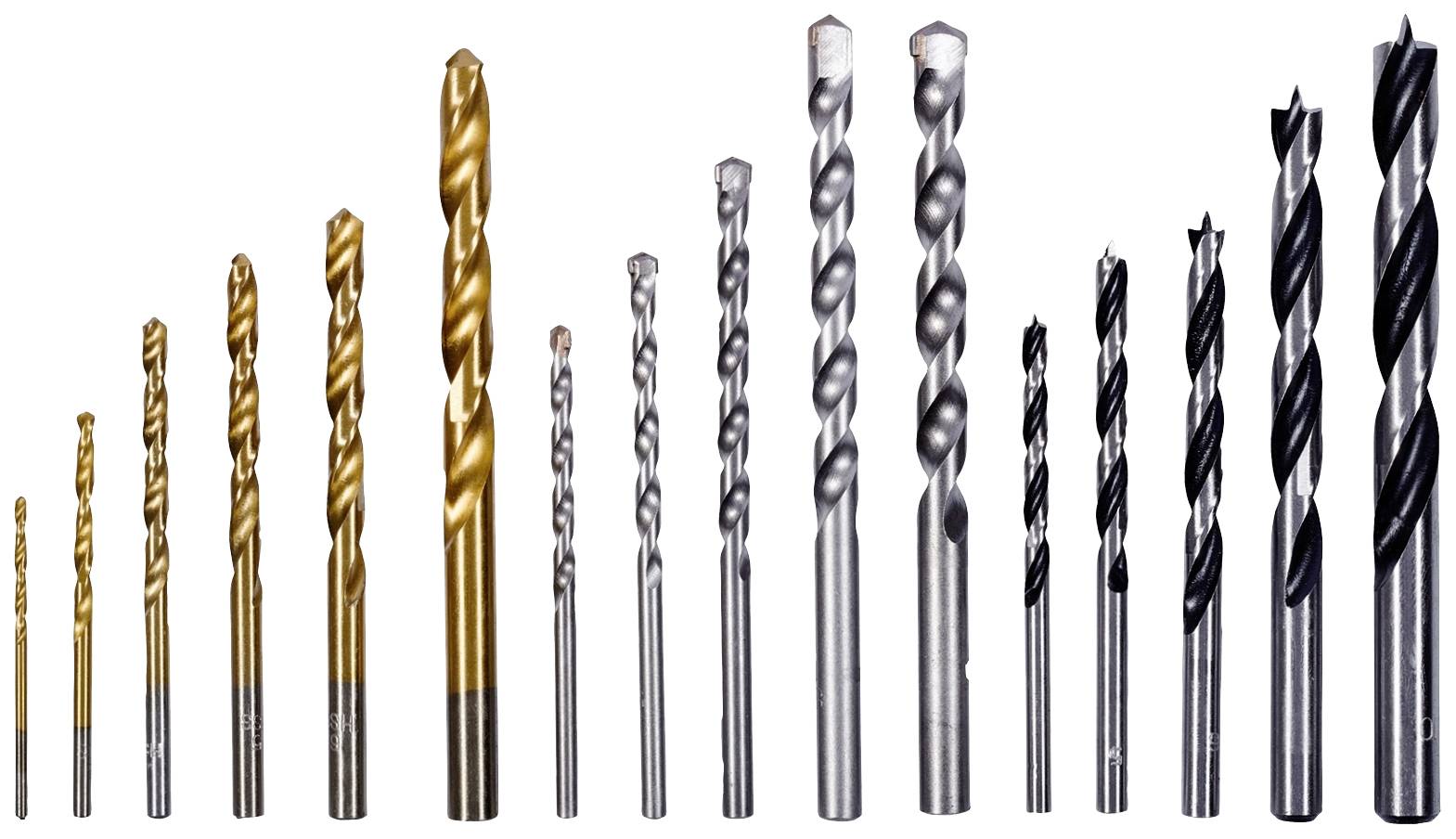 Différentes tailles de forets alignées de gauche à droite en taille croissante, avec des revêtements dorés et argentés.