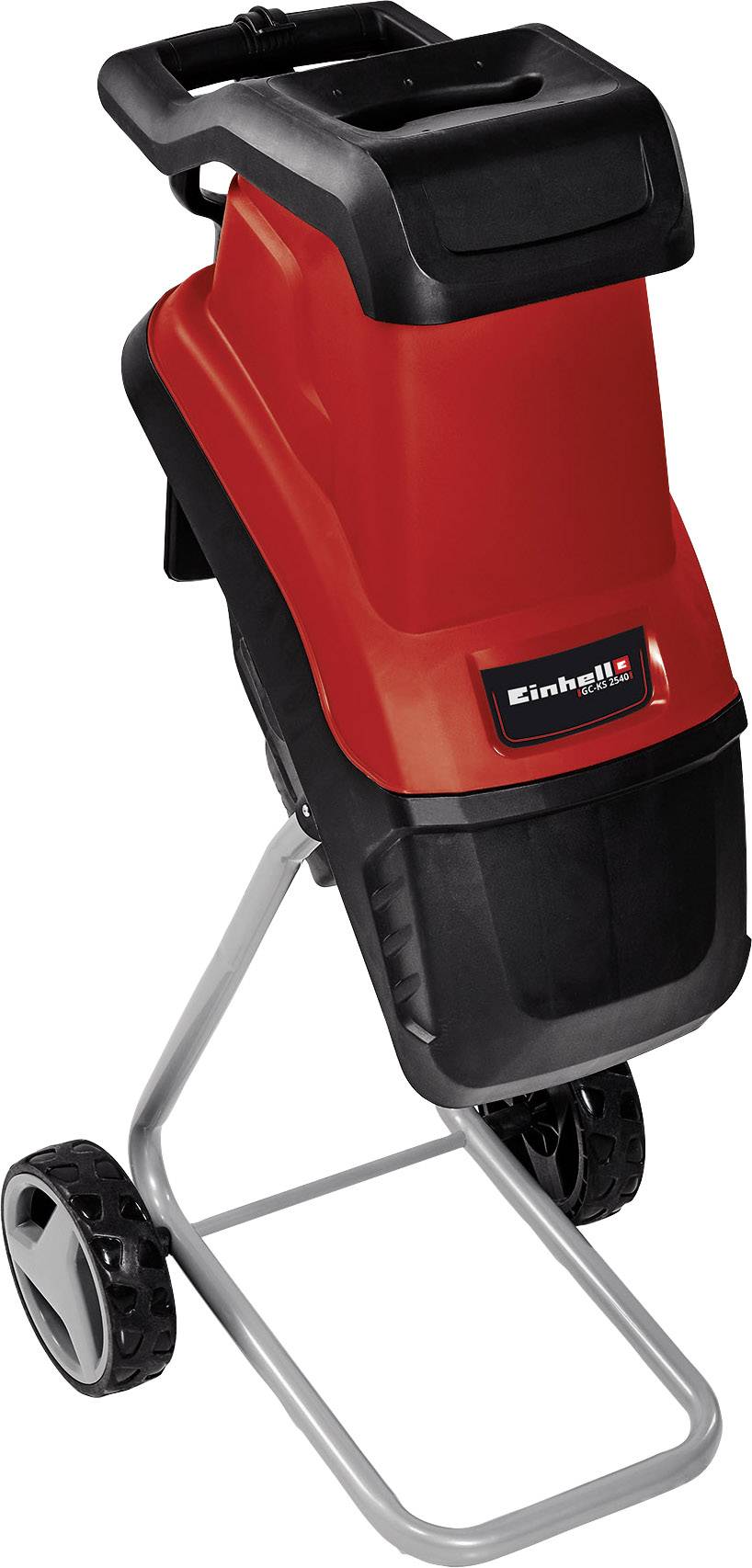 Broyeur de jardin rouge avec des accents noirs et deux roues, de la marque 'Einhell', sur un support métallique argenté.