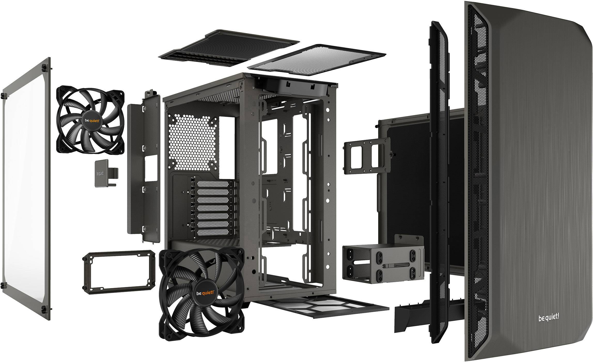 Tour midi BeQuiet Pure Base 500 Windows Boîtier PC, Boîtier gaming métallique, gris 2 ventilateurs pré-installés, fenêtr
