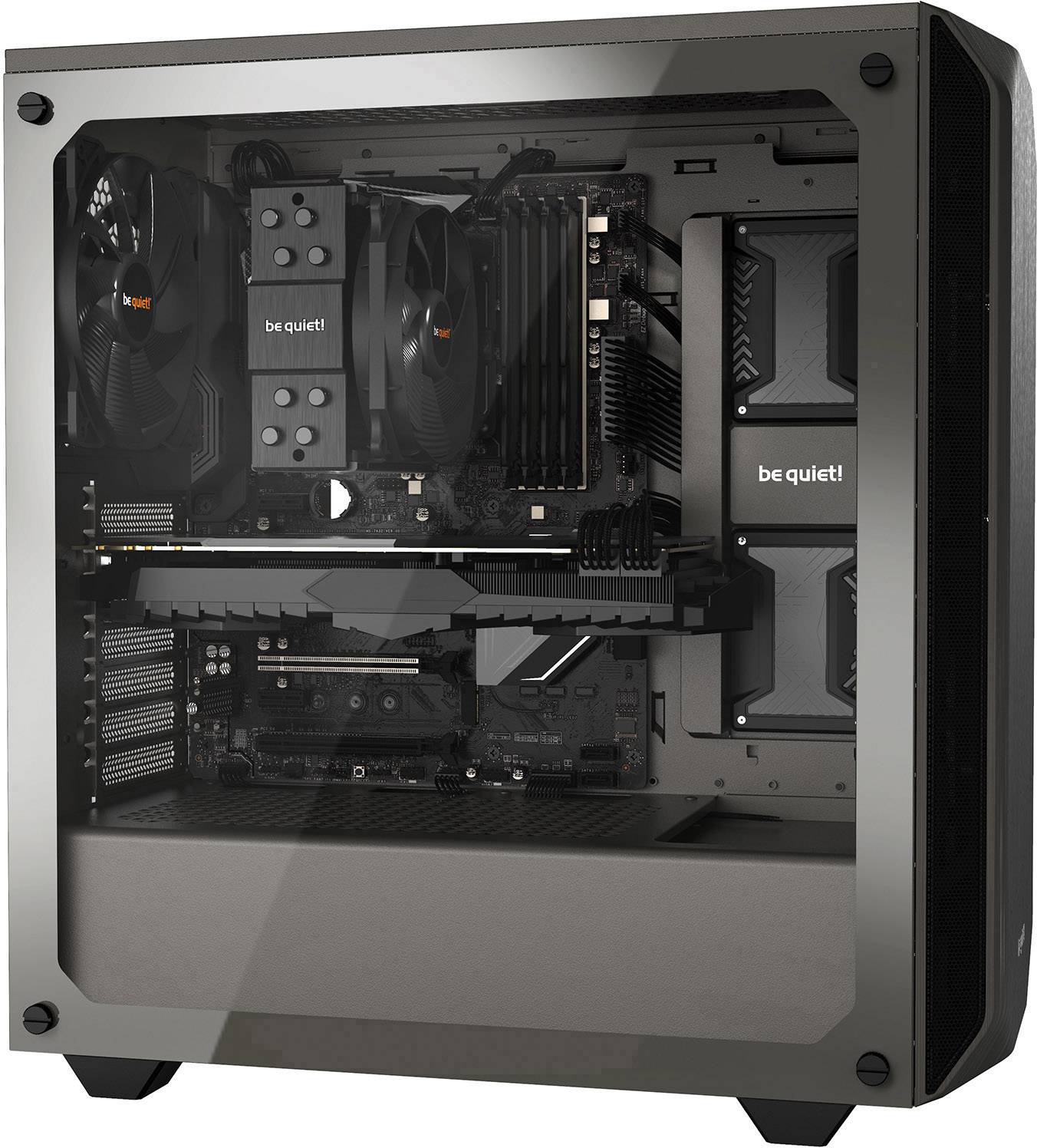 Tour midi BeQuiet Pure Base 500 Windows Boîtier PC, Boîtier gaming métallique, gris 2 ventilateurs pré-installés, fenêtr