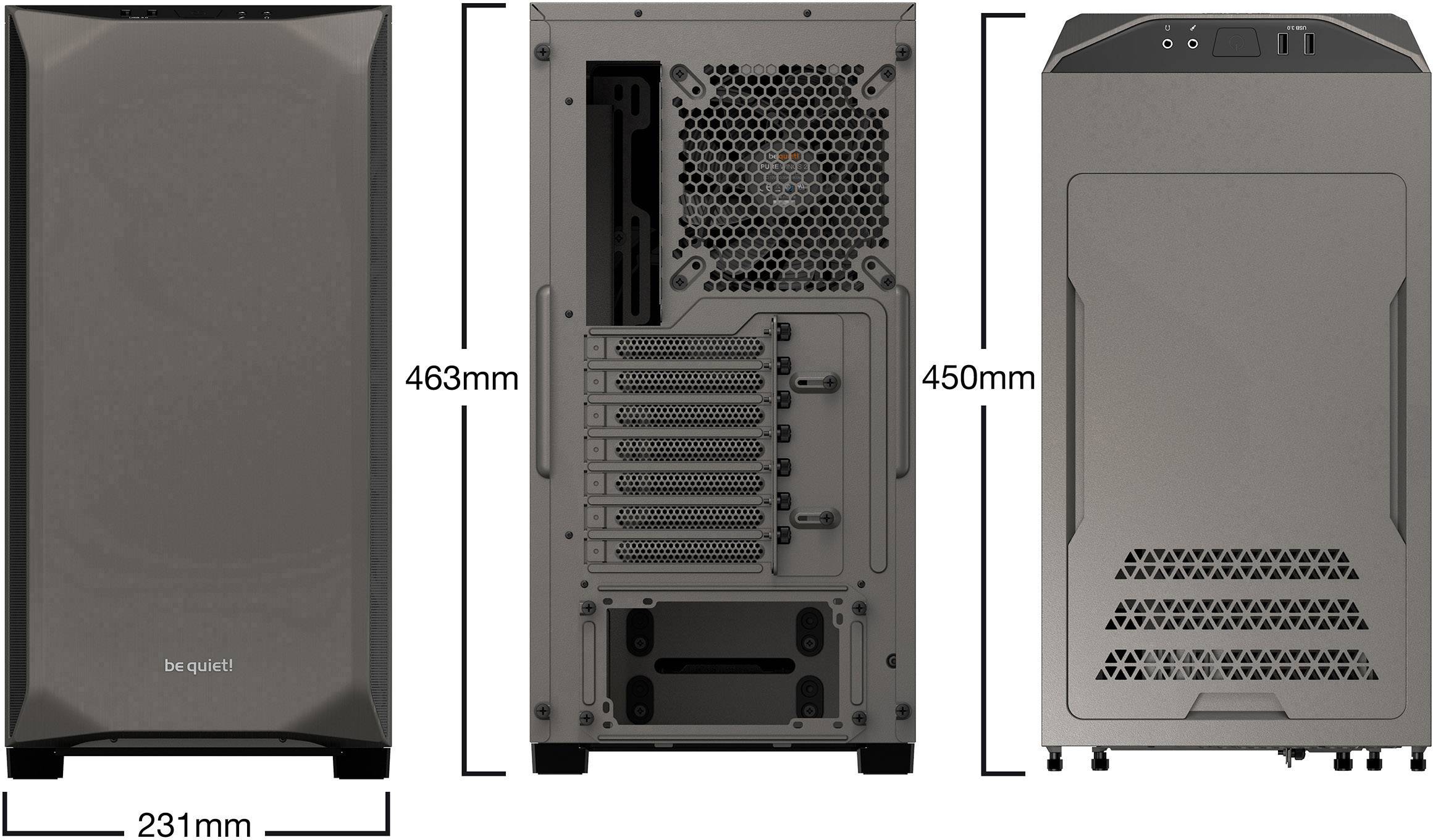 Tour midi BeQuiet Pure Base 500 Windows Boîtier PC, Boîtier gaming métallique, gris 2 ventilateurs pré-installés, fenêtr