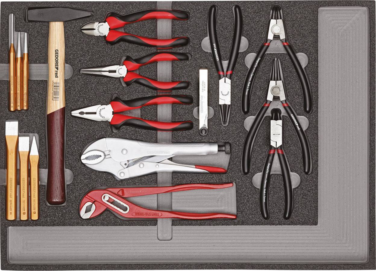 Ensemble d'outils avec insert en mousse, comprenant : marteau, pinces, clés à molette et burins. Les outils sont regroupés et organisés.