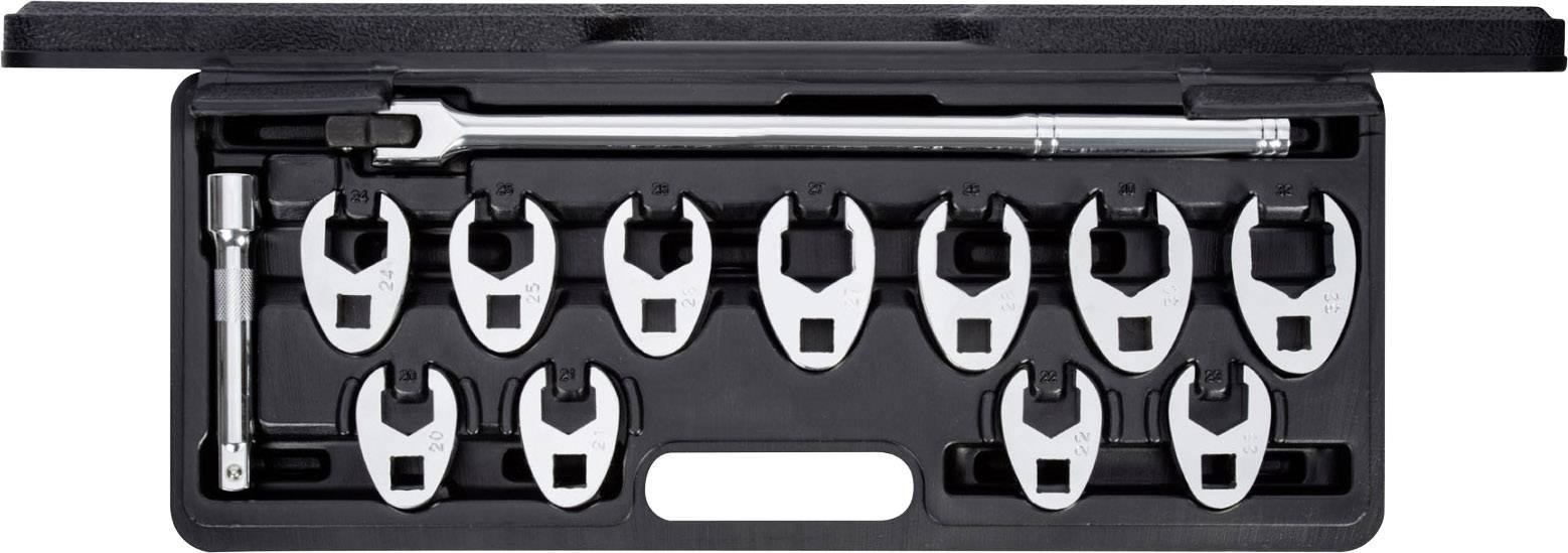 Coffret en plastique noir contenant une clé dynamométrique réglable et douze clés plates interchangeables.