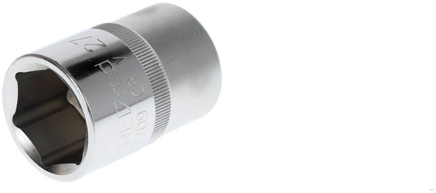 Une noix hexagonale en argent, en métal. Elle présente des rainures pour une prise ferme et un marquage indiquant sa taille.
