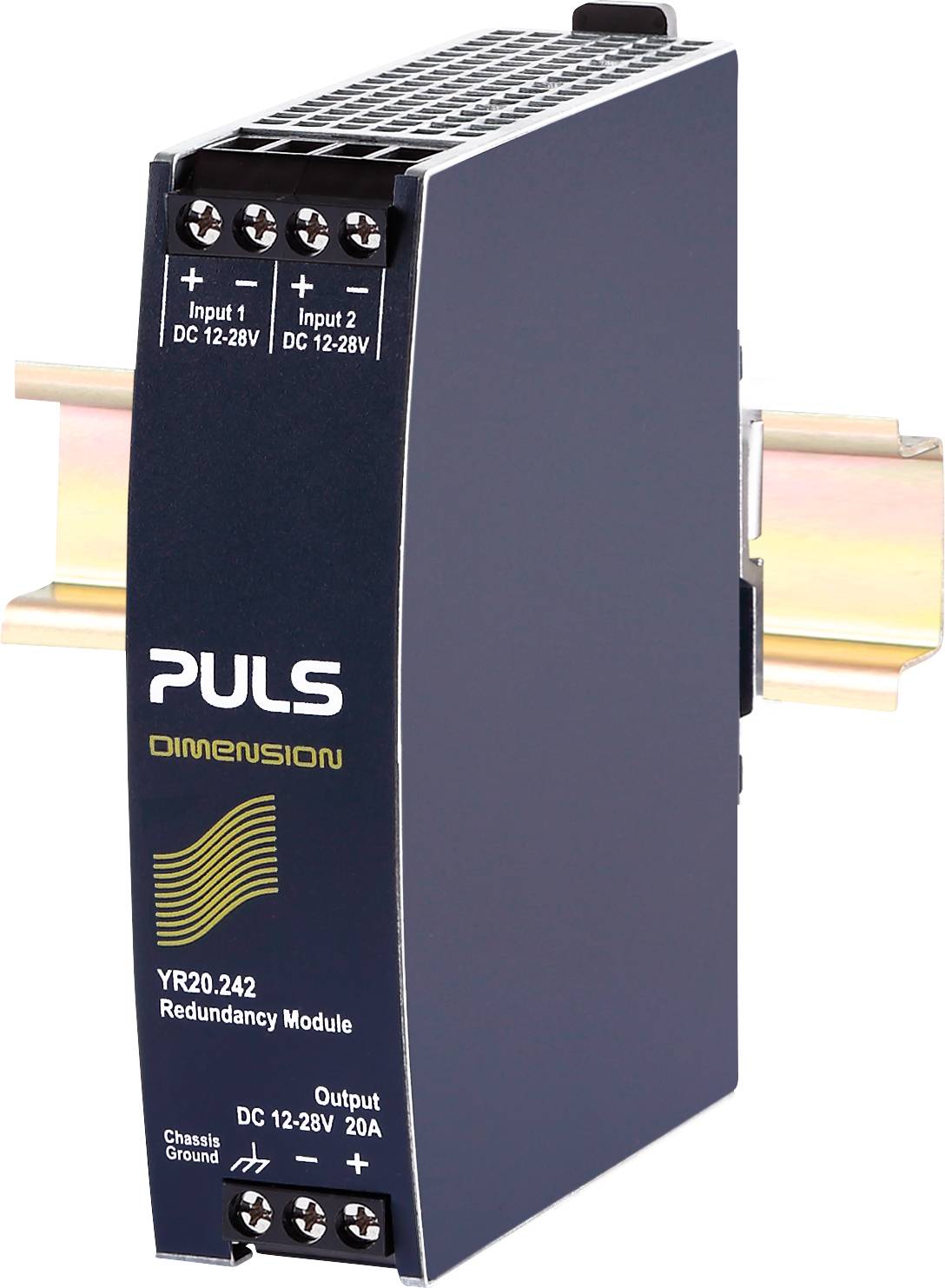 Module de redondance de Puls, modèle YR20.242, présente deux entrées et une sortie. Texte : 'Input 1' et 'Input 2', CC 12-28V, 20A.