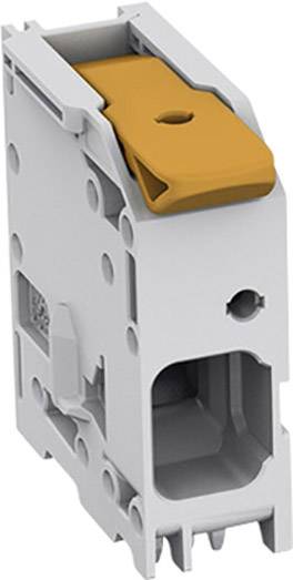 Un module de connexion électrique blanc avec une borne orange, probablement utilisé pour le câblage ou la connexion de lignes électriques.