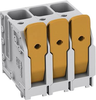 Connecteur universel tripolaire en gris-orange, adapté au montage de lignes et câbles électriques, compact et robuste.