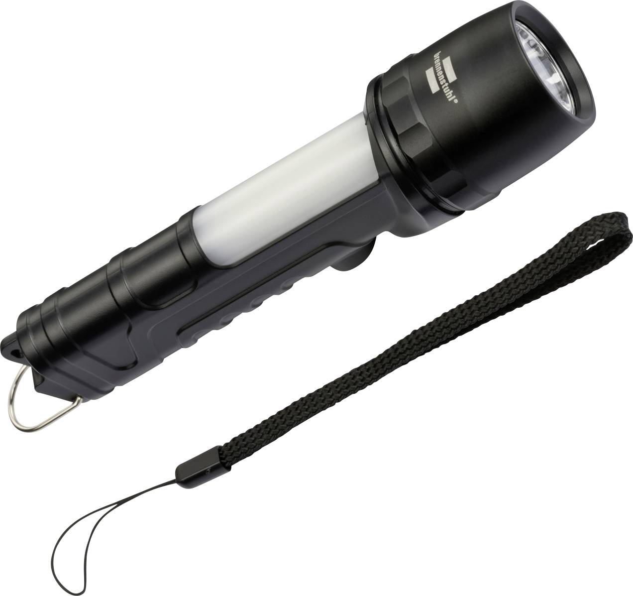 Lampe de poche noire tenue à la main avec corps blanc et sangle de poignet sur fond blanc.