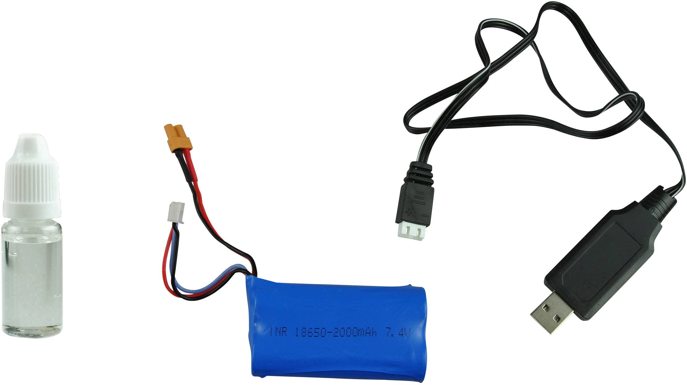 Un câble de charge USB, une batterie bleue et une petite bouteille de liquide. Accessoires pour appareils électroniques.