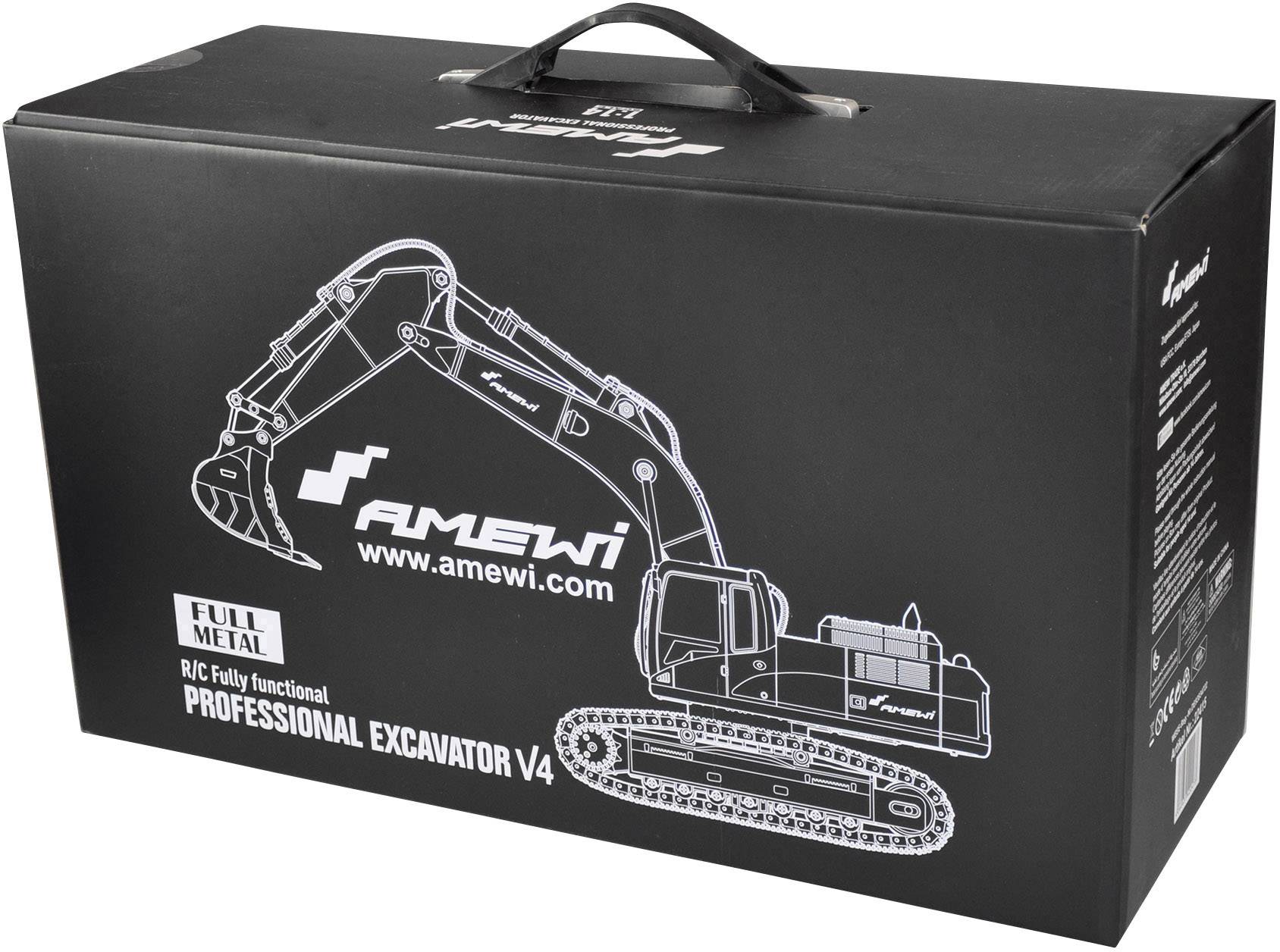 Carton noir avec un dessin blanc d'un excavateur télécommandé et l'inscription 'AMEWI'. Description du produit et nom du modèle : 'Professional Excavator V4'.