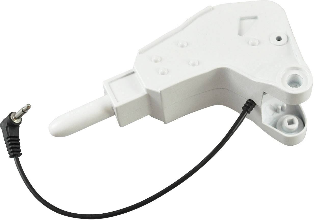 Adaptateur de commutateur de câble blanc avec câble et fiche jack. L'adaptateur est rectangulaire avec des bords arrondis et une connexion latérale.